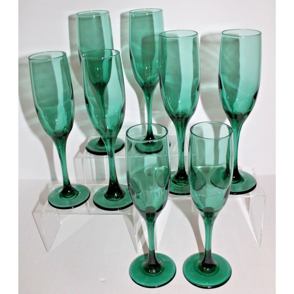 Vintage Emerald Green Glass Champagne Flutes Set of 8 Stemmed Wine Glasses